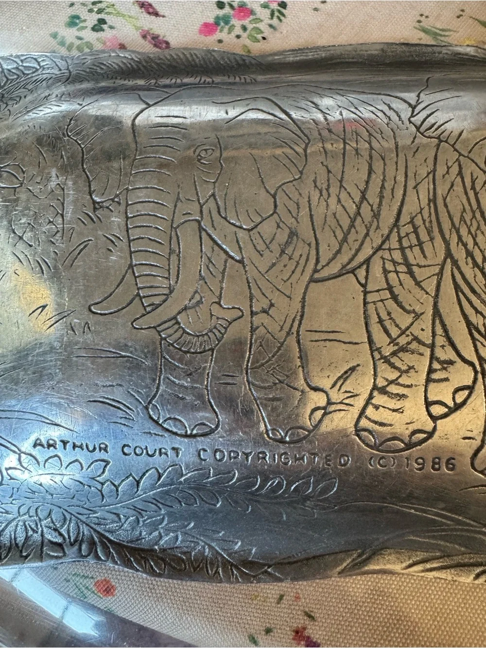vintage Arthur Court Elephant Serving Tray, embossed safari scene-aluminum